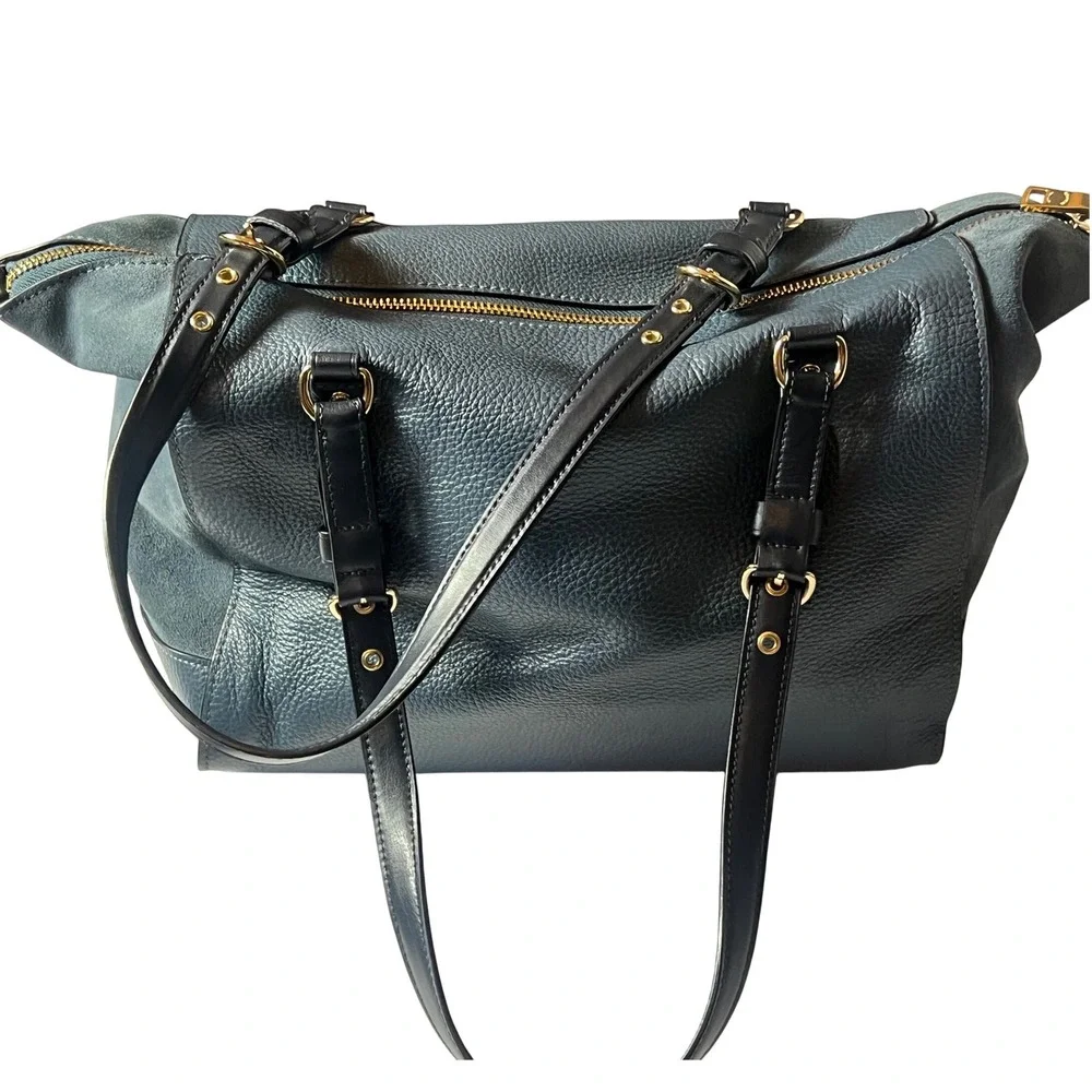 Coach Kleo Carryall Bag Teal‎ and Navy Blue Pebbled Leather Suede Handbag
